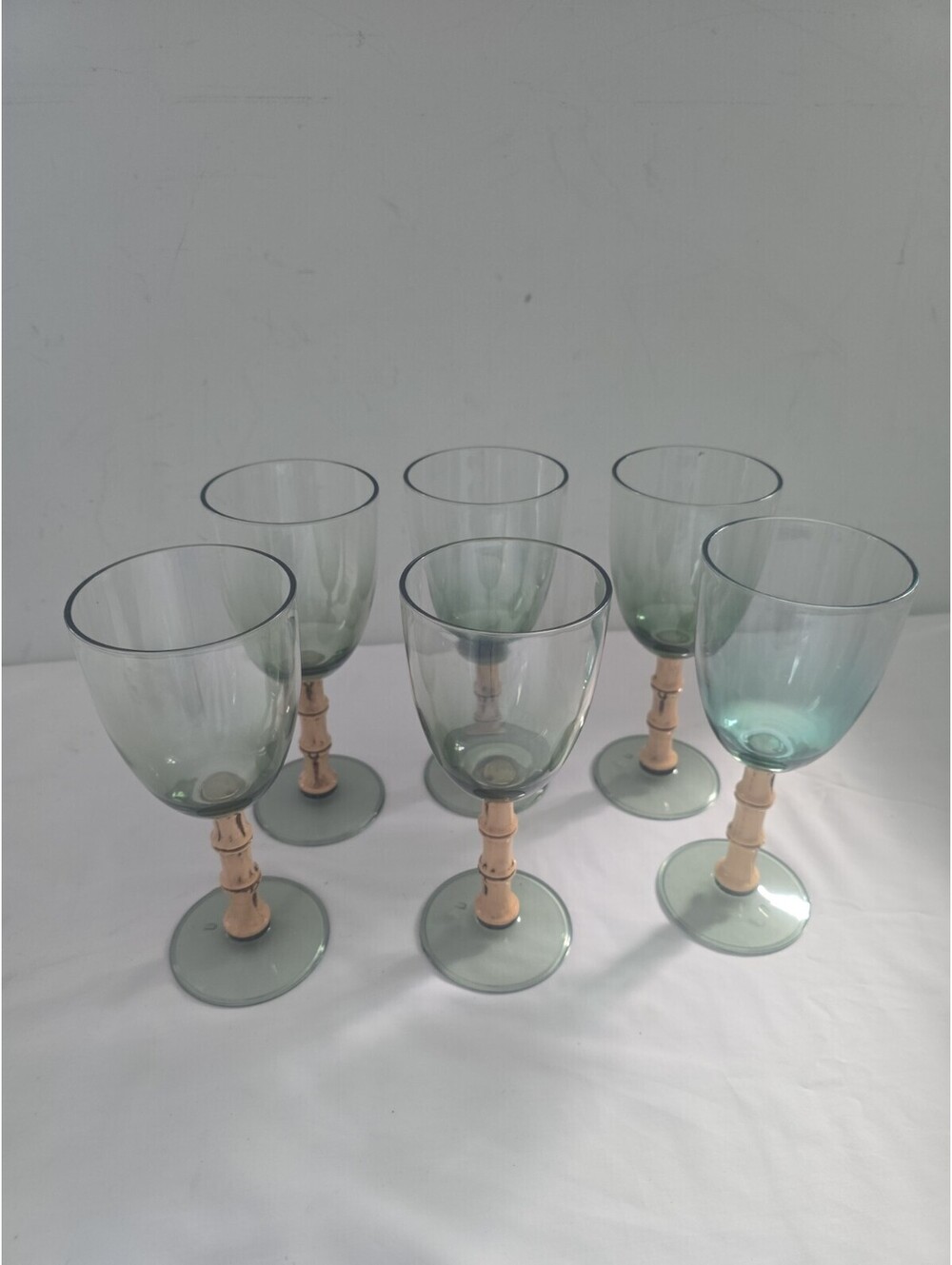 Set of 7 Green Wine Glasses with Bamboo-Style Stems – Vintage Style Goblets
